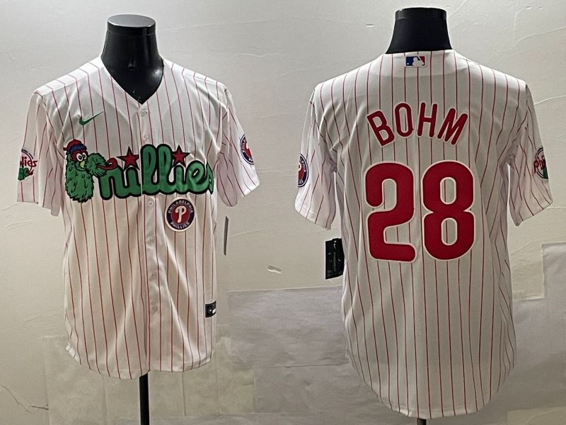 Men Philadelphia Phillies 28 Bohm White Stripe Three generations Joint Name Game 2025 Nike MLB Jersey style 5